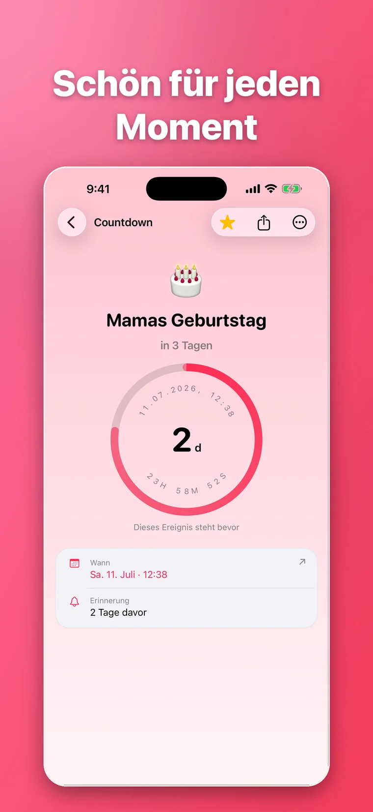Rosafarbener Moment365 Geburtstags-Countdown mit Fortschrittsring und Erinnerung