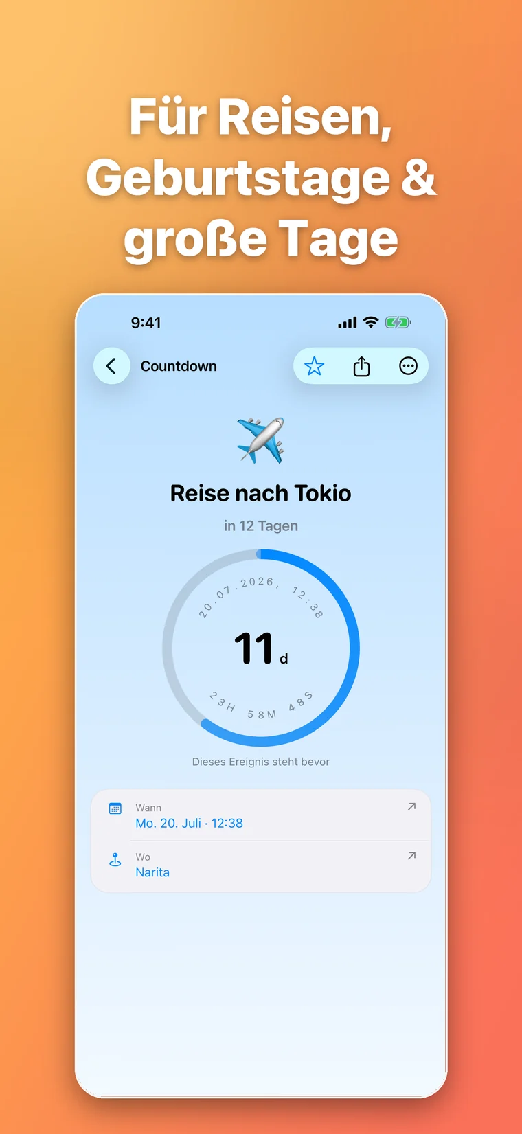 Blauer Moment365 Reise-Countdown mit Fortschrittsring und Ort