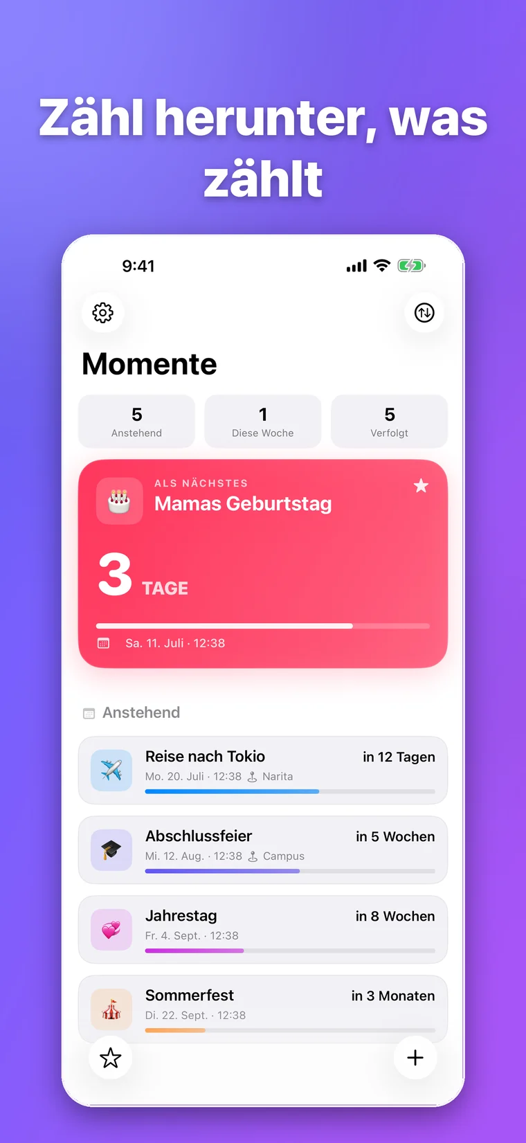 Moment365 Startseite mit bunten Countdowns für Geburtstag, Reise, Abschluss und Jahrestag