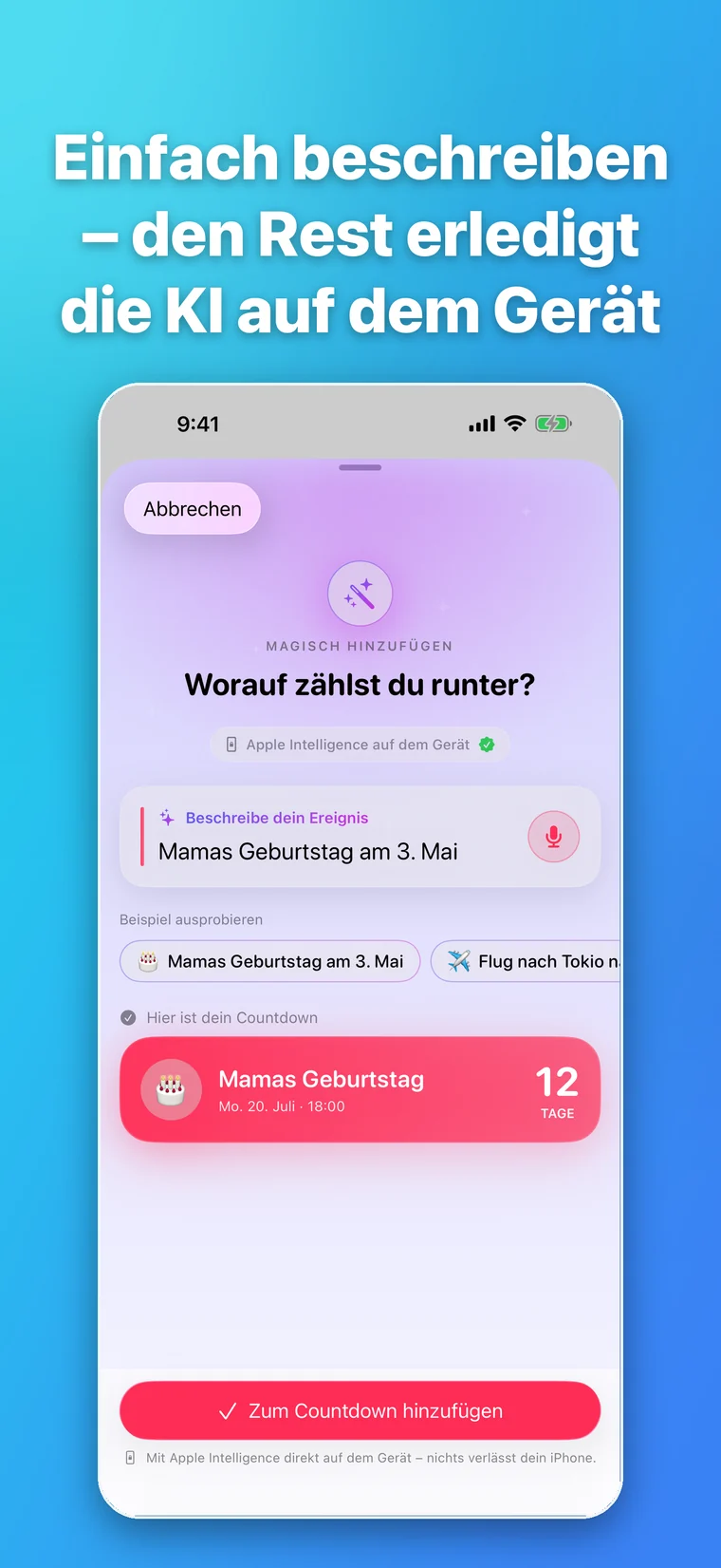 Magisch hinzufügen in Moment365 erstellt aus einer Geburtstagsbeschreibung einen Countdown