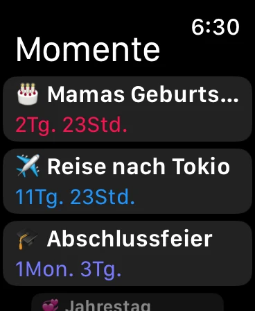 Moment365 auf der Apple Watch mit kommenden Momenten