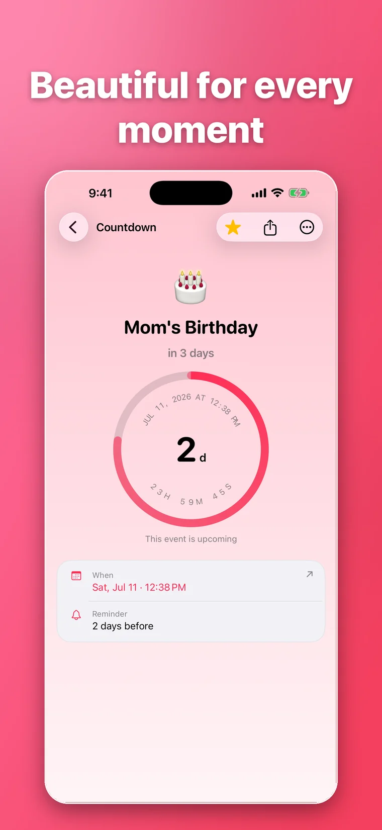 Rose Moment365 birthday countdown with a circular progress ring and reminder