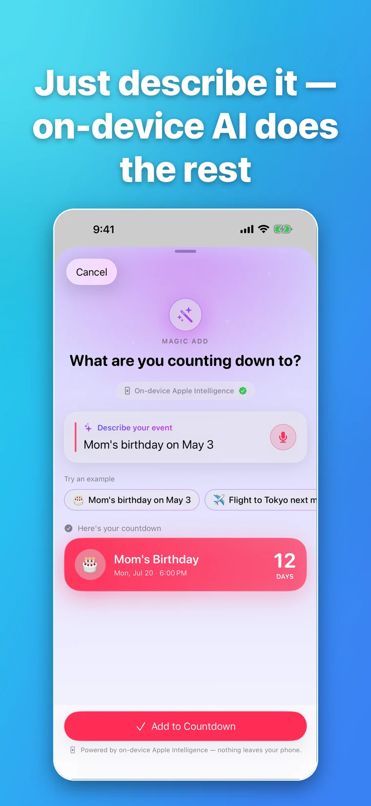 Moment365 Magic Add screen turning a natural-language birthday description into a countdown