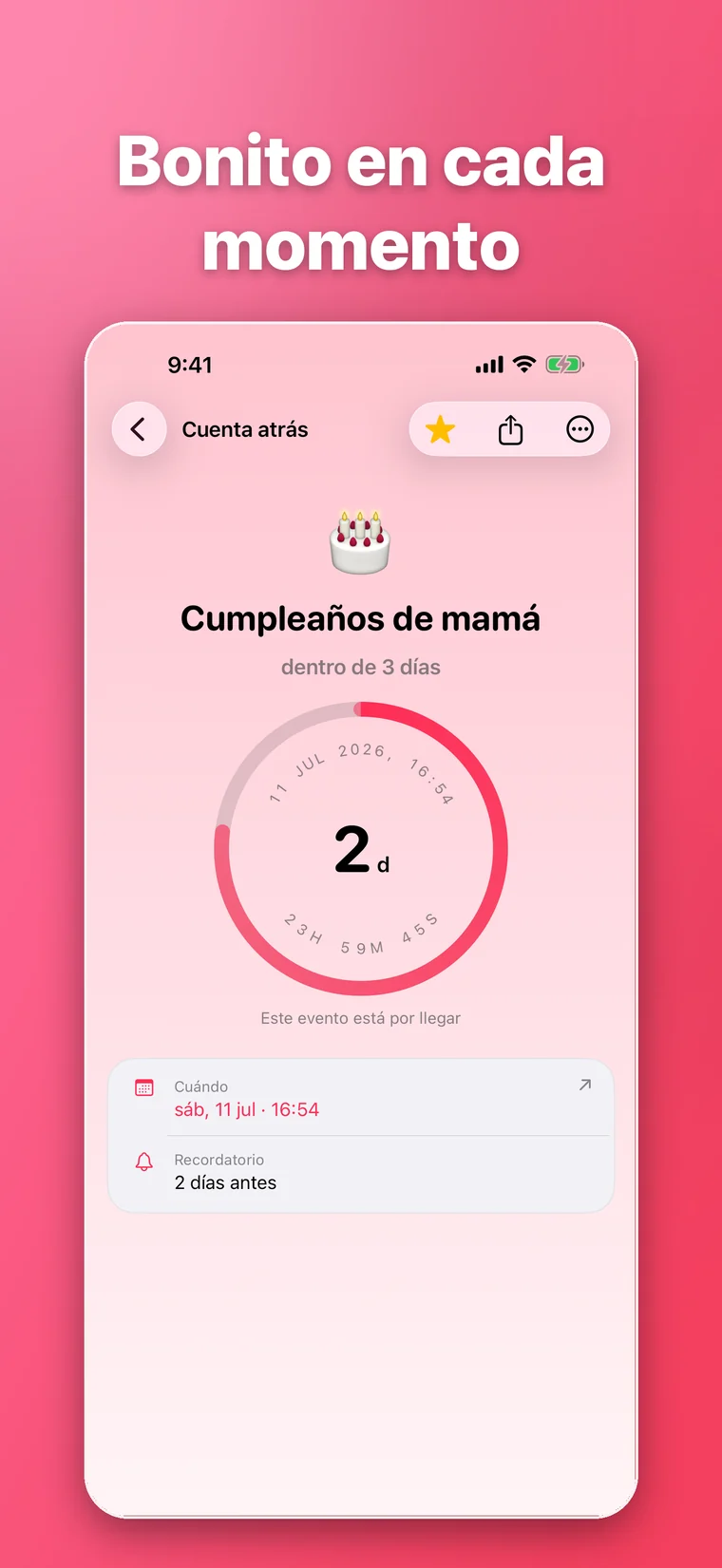 Cuenta atrás rosa de cumpleaños en Moment365 con anillo de progreso y recordatorio