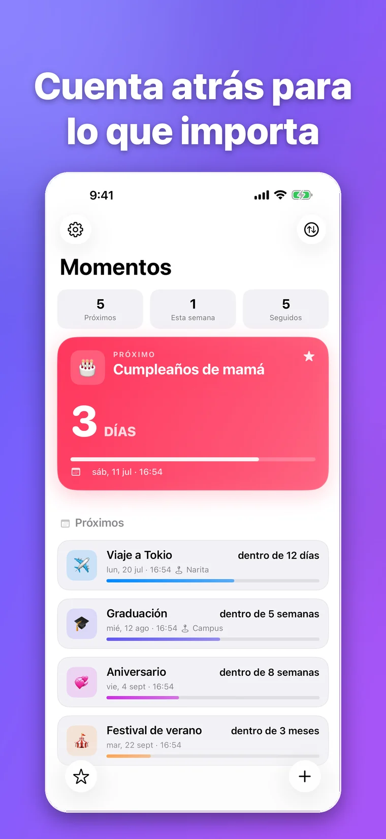 Pantalla de inicio de Moment365 con cuentas atrás de un cumpleaños, un viaje, una graduación y un aniversario