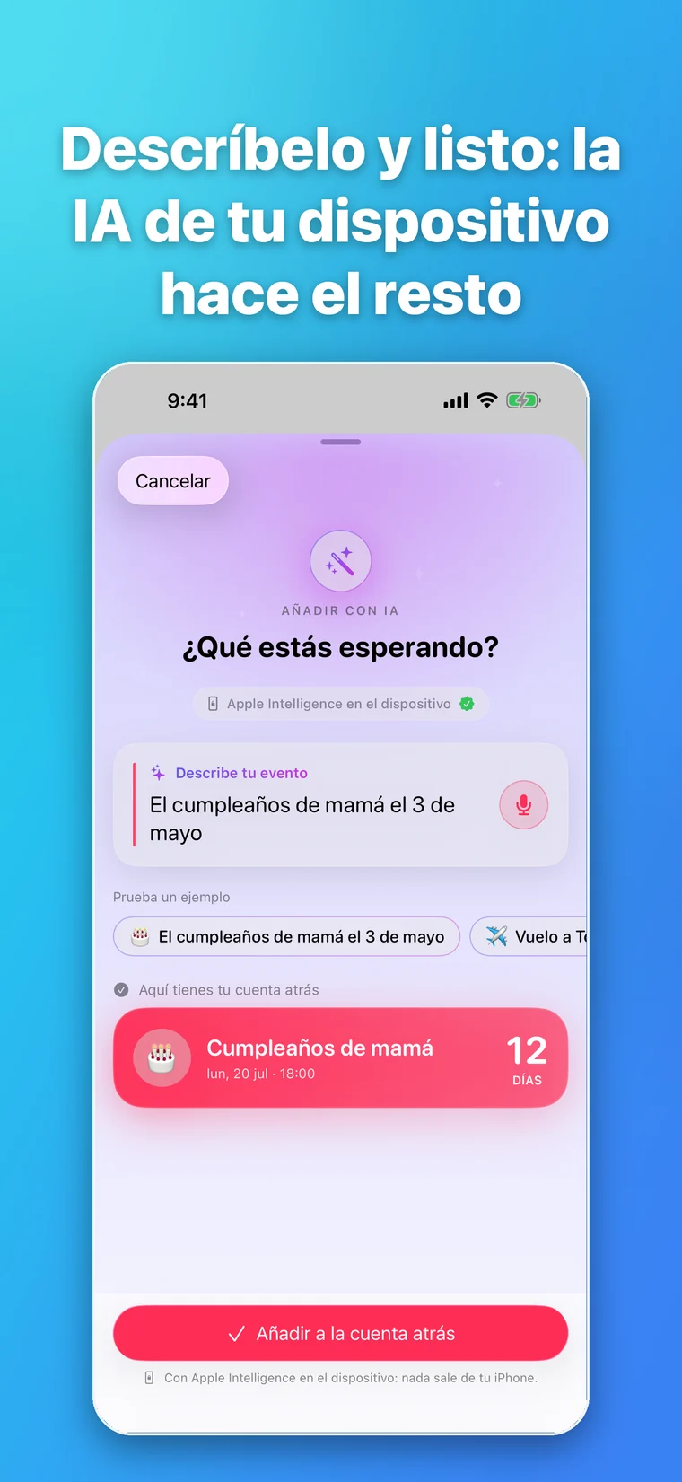 Añadir con IA de Moment365 convierte una descripción natural de cumpleaños en una cuenta atrás