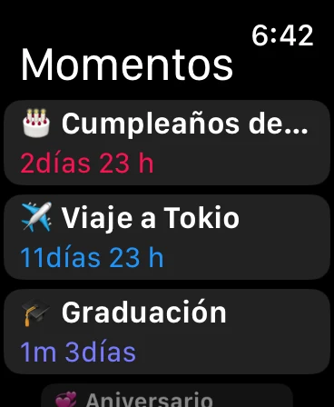 Moment365 en Apple Watch con una lista de próximos momentos