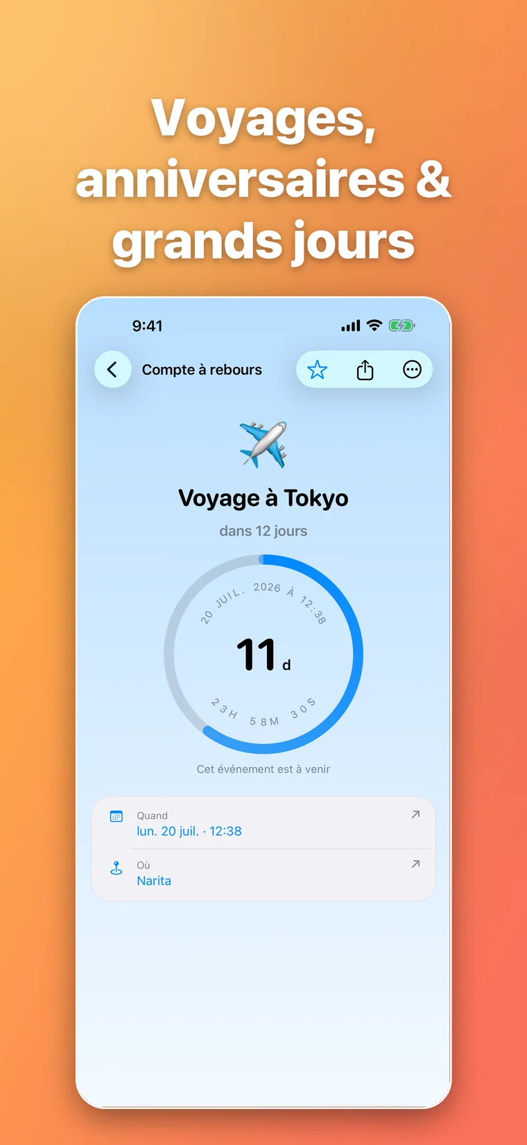 Compte à rebours de voyage bleu dans Moment365 avec anneau de progression et lieu