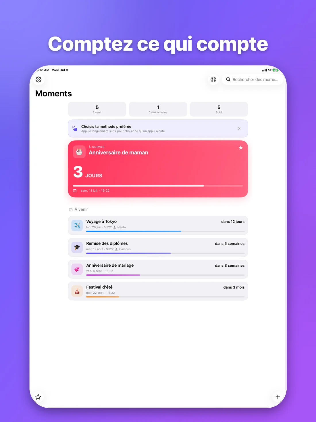 Moment365 sur iPad avec la bibliothèque de comptes à rebours et le prochain anniversaire