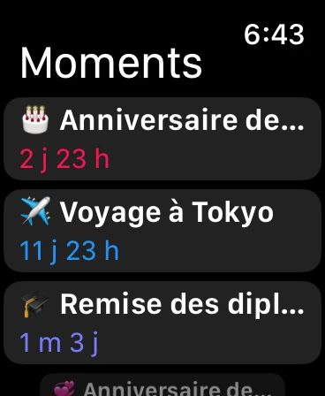 Moment365 sur Apple Watch avec les moments à venir
